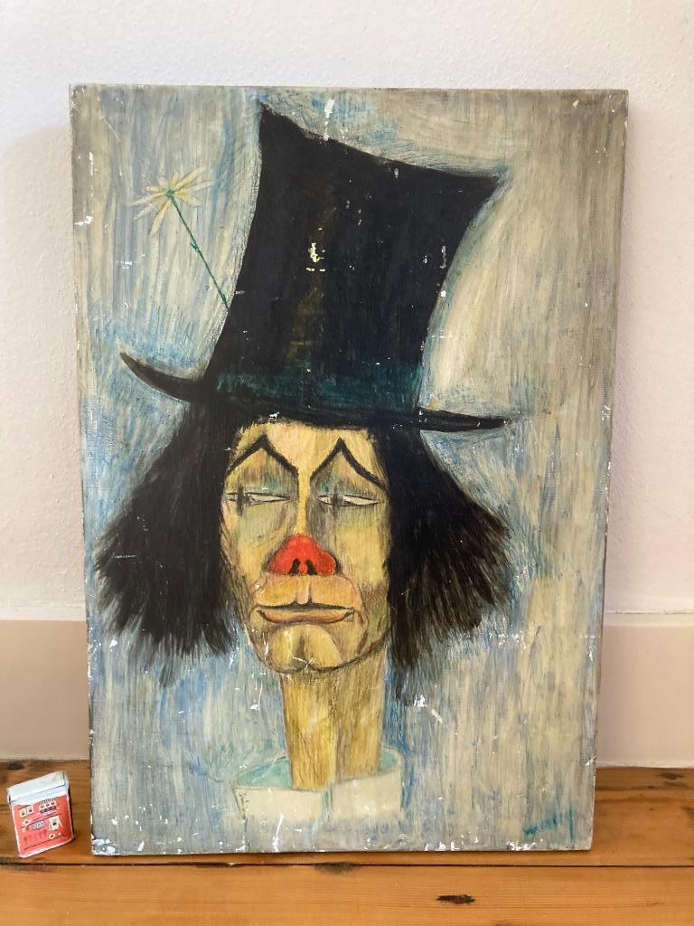 Verlopen clown Au Chapeau hoge zwarte hoed vintage selfie, Ophalen of Verzenden, Gebruikt, Minder dan 50 cm, Schilderij