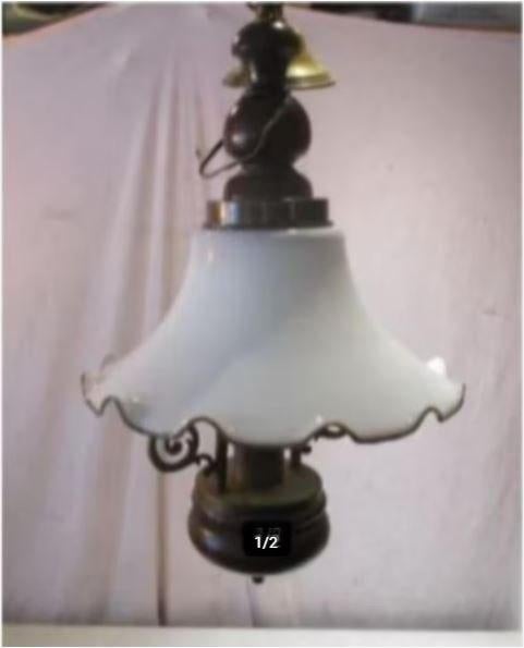 Mooie Retro Hanglamp in porselein hout en metaal - 50cm, Antiek en Kunst, Ophalen of Verzenden