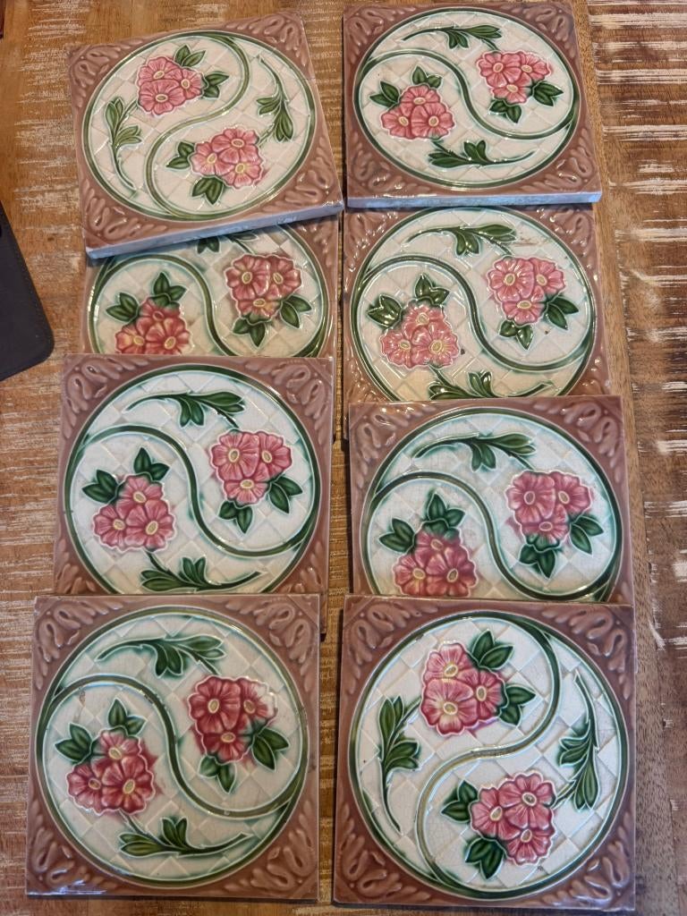 8 vintage keramieken tegel met bloemenmotief *Belca*, Antiek en Kunst, Ophalen of Verzenden