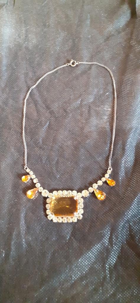 Ancien collier de ras de cou pierre jaune et strass, Ophalen of Verzenden, Ketting