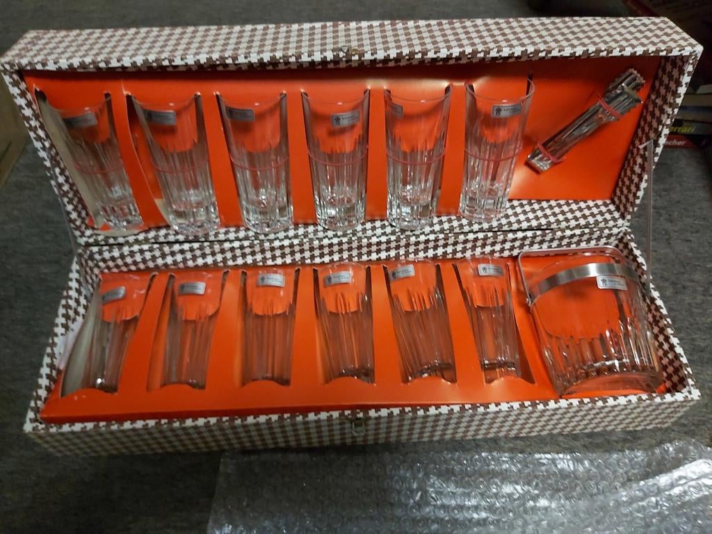 Vintage - box met 12 glazen, ijsemmer en ijstang, Antiek en Kunst, Ophalen