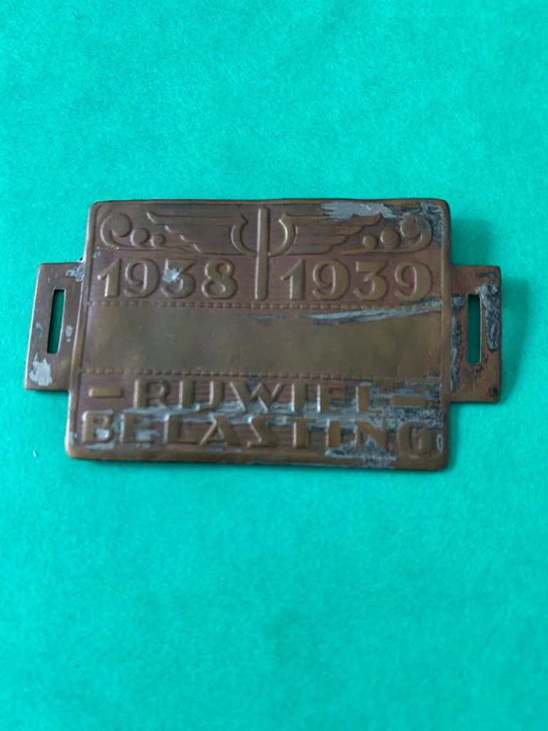 Rijwiel belasting plaatje 1938/1939, Ophalen of Verzenden