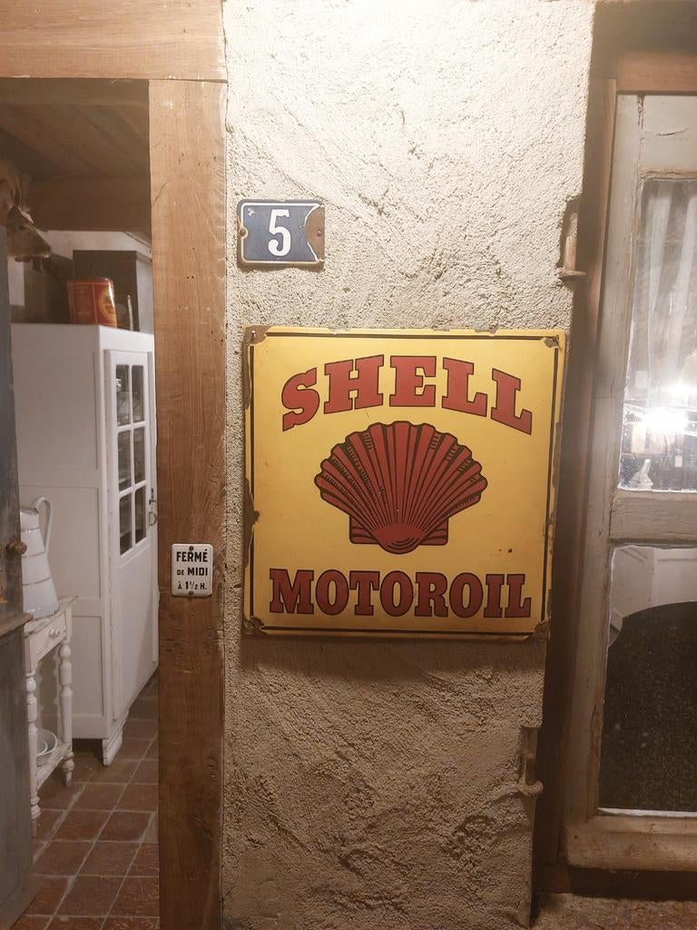 Oud emaille reclamebord van Shell motorolie, Verzamelen, Ophalen of Verzenden, Reclamebord
