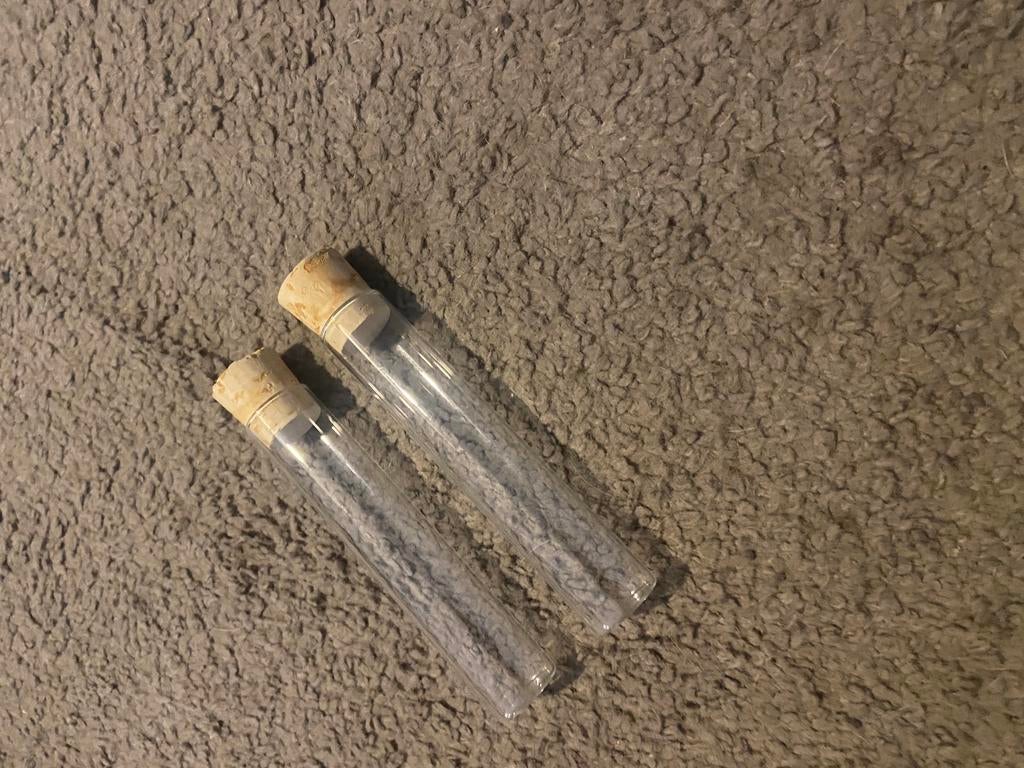 2 glazen reageerbuisjes met kurken stop 12,5 cm, Ophalen of Verzenden