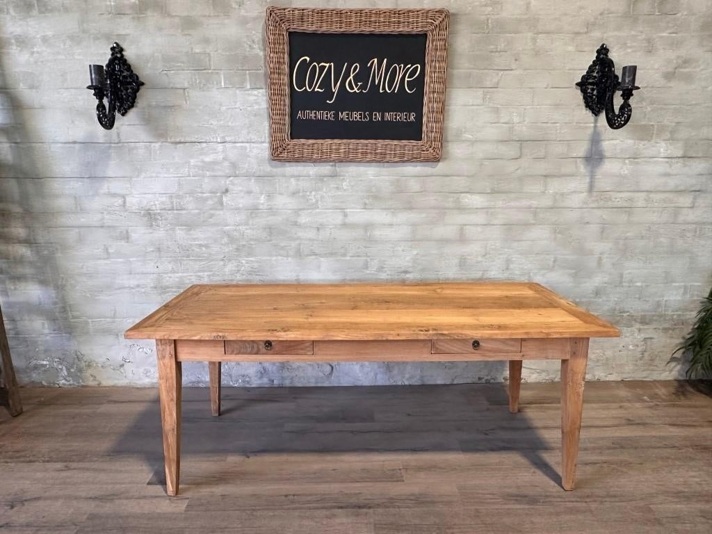 Antieke boerentafel - 202 x 91,5 cm + 79 cm hoog / 2 lades, Eikenhout, 200 cm of meer, Zo goed als nieuw, Vijf personen of meer