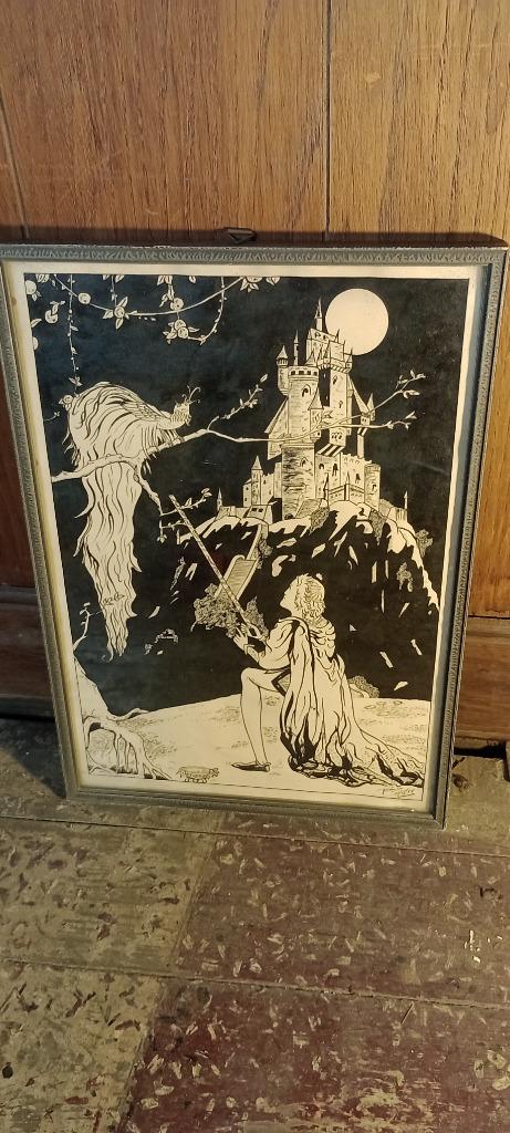 Gravure Art Déco Fantastique-Château & Oiseau-1934,n240, Enlèvement ou Envoi, Mythologie, Gravure