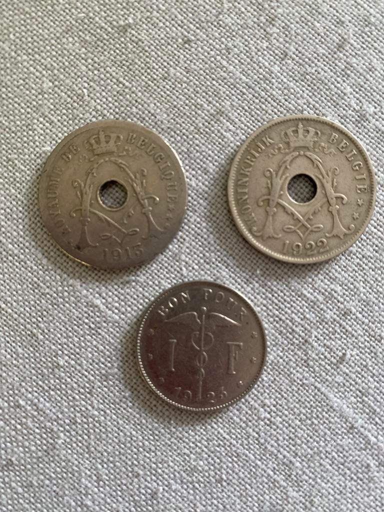 België 25 cent 1913 + 1922, 1 Fr 1923, Ophalen