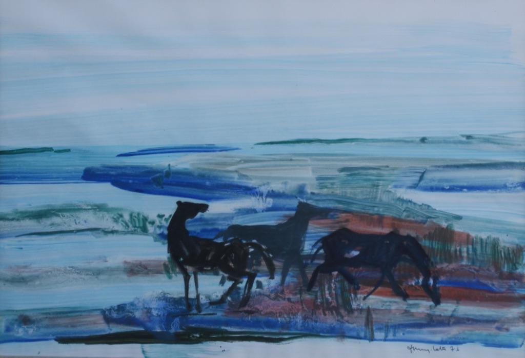 François Mengelatte (1920-2009): Paarden in blauw (98x71cm), Ophalen