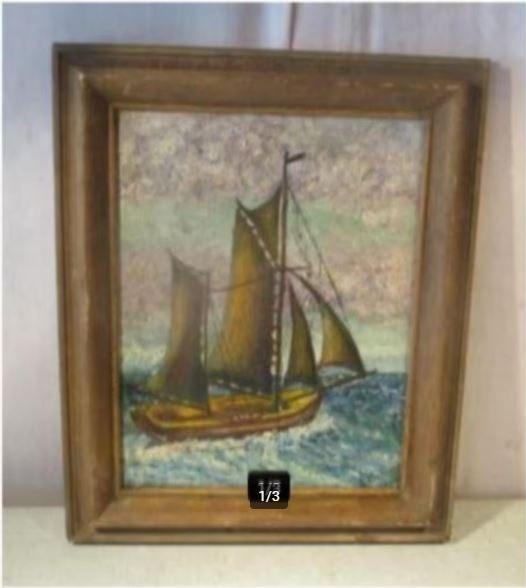 Mooi Oud Geschilderd Werk 'Zeilbootje op Zee' - F Verlinden, Antiek en Kunst, Ophalen of Verzenden