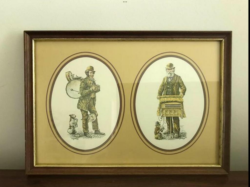Lijst kader prent nostalgie met aapje en hondje achter glas, Enlèvement ou Envoi