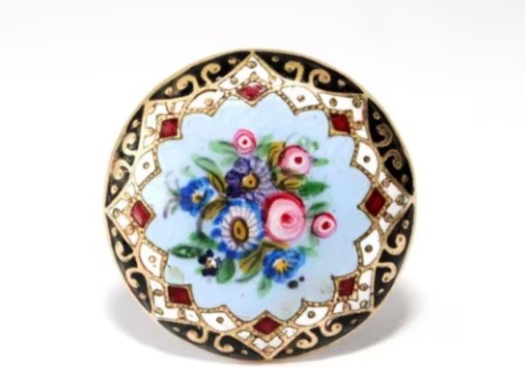 Belle broche ancienne en émail suisse 1860-1880, Bijoux, Sacs & Beauté, Bijoux anciens, Enlèvement ou Envoi, Cuivre, Broche