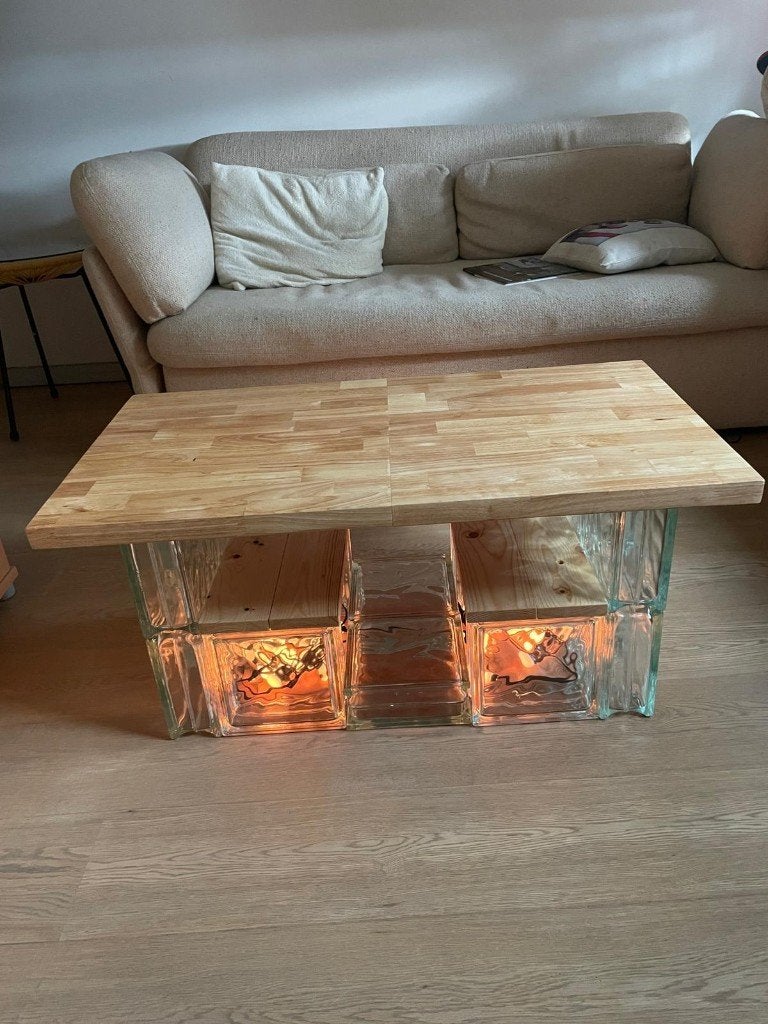 Handgemaakte salontafel, glazen blokken, op maat, Huis en Inrichting, Ophalen, Minder dan 50 cm, 50 tot 100 cm, Nieuw