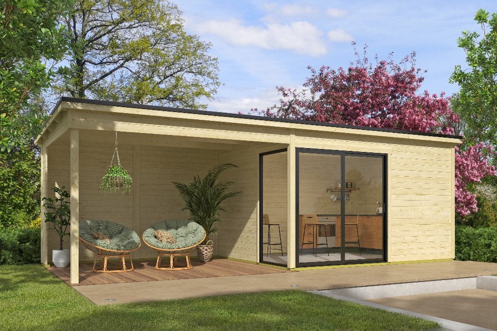 Cabane en rondins avec auvent Olivia 385x295 + Extension, Envoi, Neuf