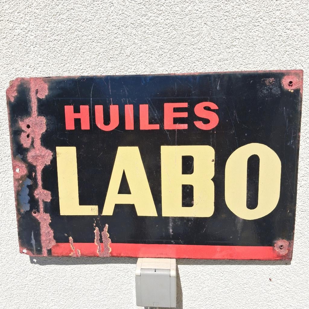 Emaille reclamebord olie LABO ca 1950, Ophalen of Verzenden, Gebruikt, Reclamebord