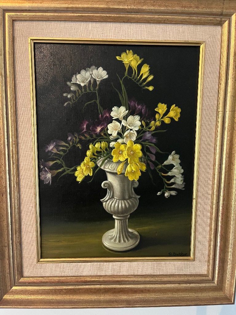 Frans Bakker schilderij (kleurrijk bloemenpalet), Antiek en Kunst, Ophalen, Stilleven