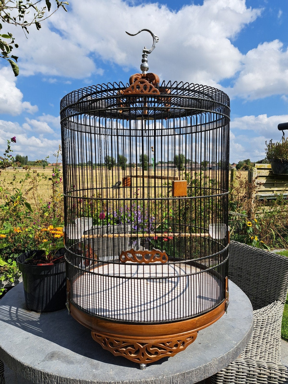 Indonesische  vogelkooi in bamboe en teak, Enlèvement, Métal, Cage à oiseaux