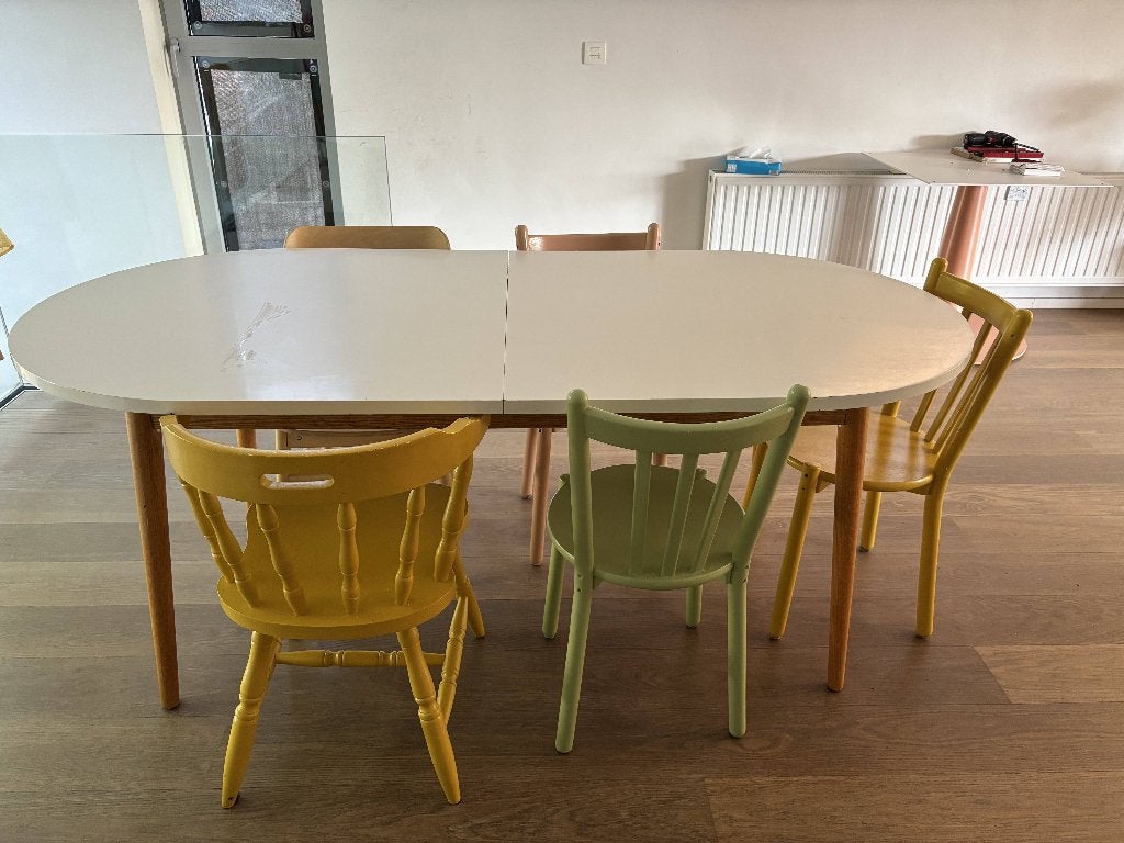 Uitschuifbare eettafel ovaal – wit/eiken – 170 tot 210 cm, Huis en Inrichting, Tafels | Eettafels, Ophalen, Gebruikt, Eikenhout