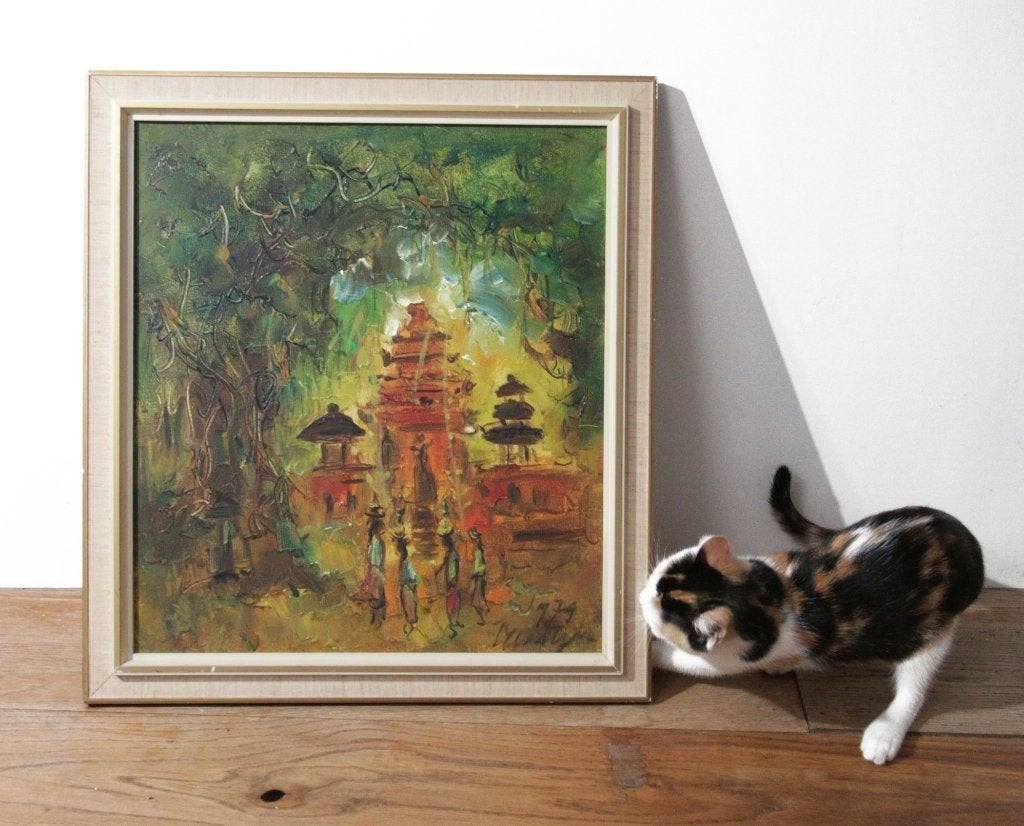 Indonesische Tempel - Maria Tjui, 1979, Peinture à l'huile, Enlèvement, Paysage, Textile