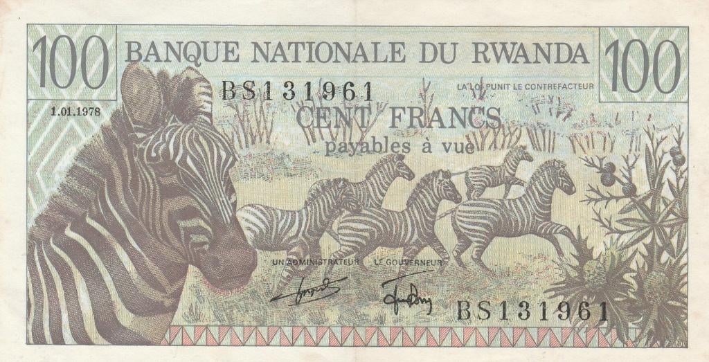 100 francs Rwanda, 01.01.1978 un troupeau de zèbres, Timbres & Monnaies, Billets de banque | Afrique, Enlèvement, Autres pays