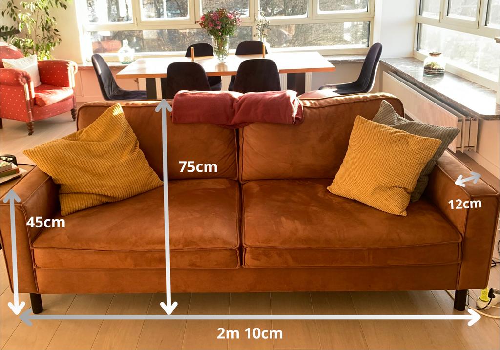 Stylish 3-Seater Sofa in Warm Cognac Velvet, Huis en Inrichting, Zetels | Zetels, Ophalen, Overige materialen, Driepersoons, 75 tot 100 cm