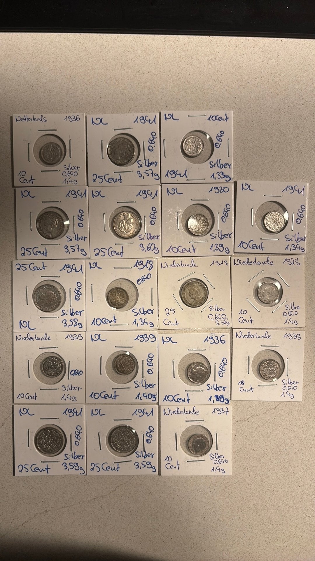18 zilveren NL munten 1918–1941 | Wilhelmina | 640 zilver, Ophalen, Munten