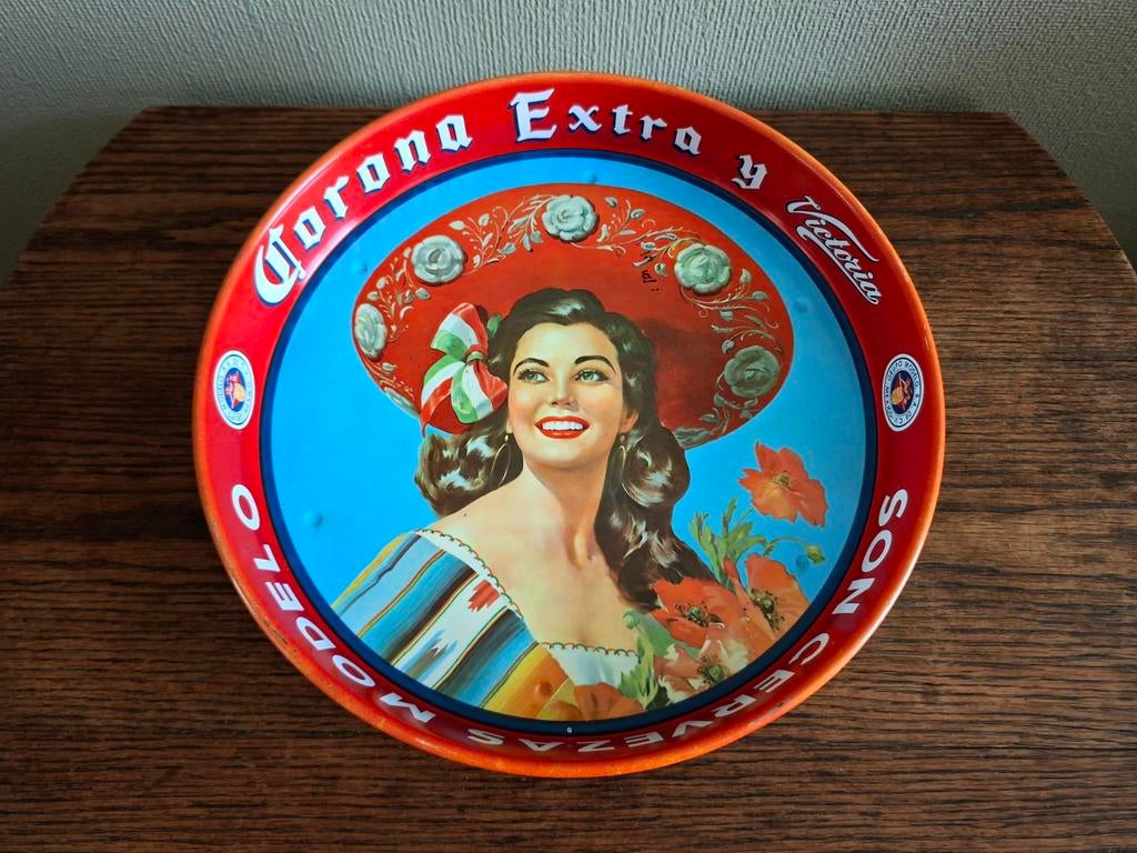Vintage dienblad Corona, Ophalen of Verzenden, Gebruikt, Reclamebord, Plaat of Schild, Overige merken