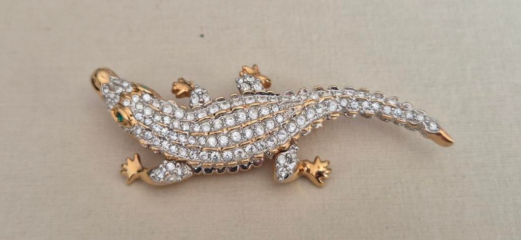 Swarovski Alligator broche 22kt goud verguld + echte kristal, Ophalen of Verzenden, Zo goed als nieuw, Goud, Goud