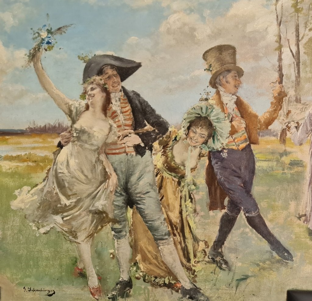 Une promenade heureuse à l'huile sur toile, Enlèvement ou Envoi, Signé, Peinture à l'huile, Toile