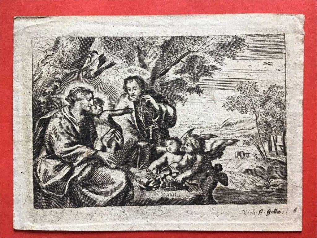 17e Gravure C. Galle Heilige Familie en engelen, Antiek en Kunst, Antiek | Religieuze voorwerpen, Ophalen of Verzenden