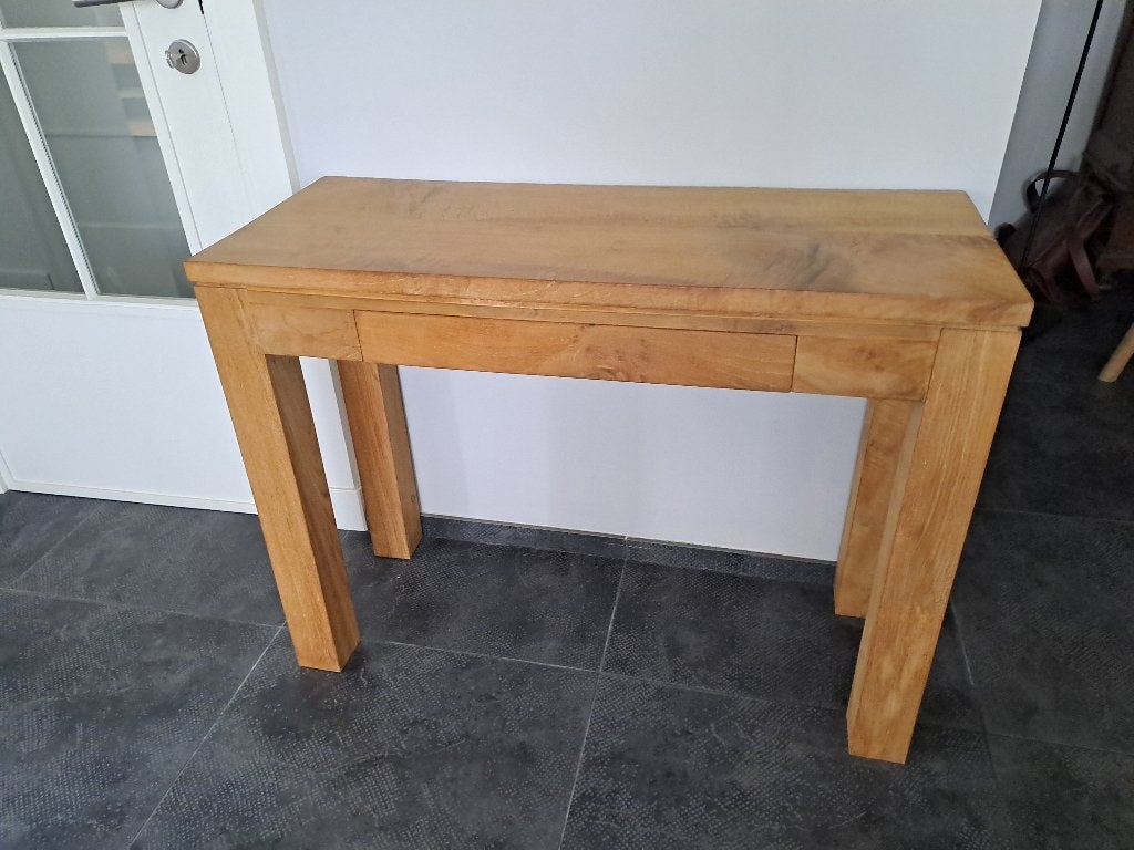 Massief teak houten wandtafel met lade, Huis en Inrichting, Tafels | Sidetables, Ophalen, Zo goed als nieuw, Teakhout
