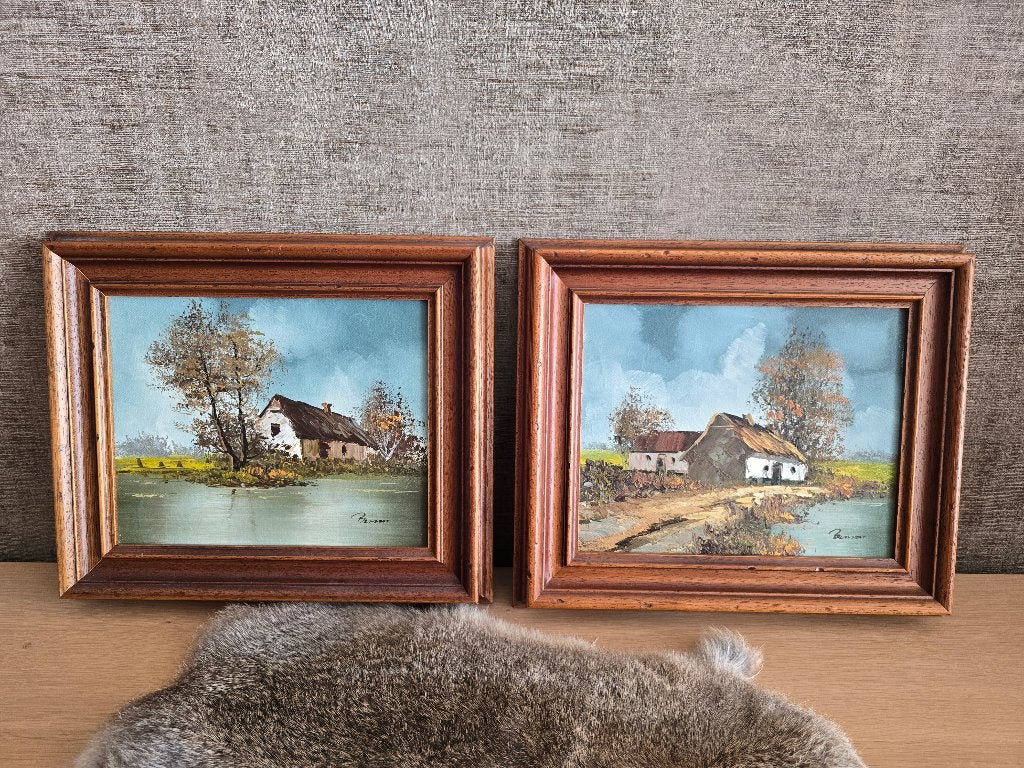 2 schilderijtjes op doek met boerderij aan water - Benson?, Enlèvement ou Envoi, Signé, Paysage, Toile
