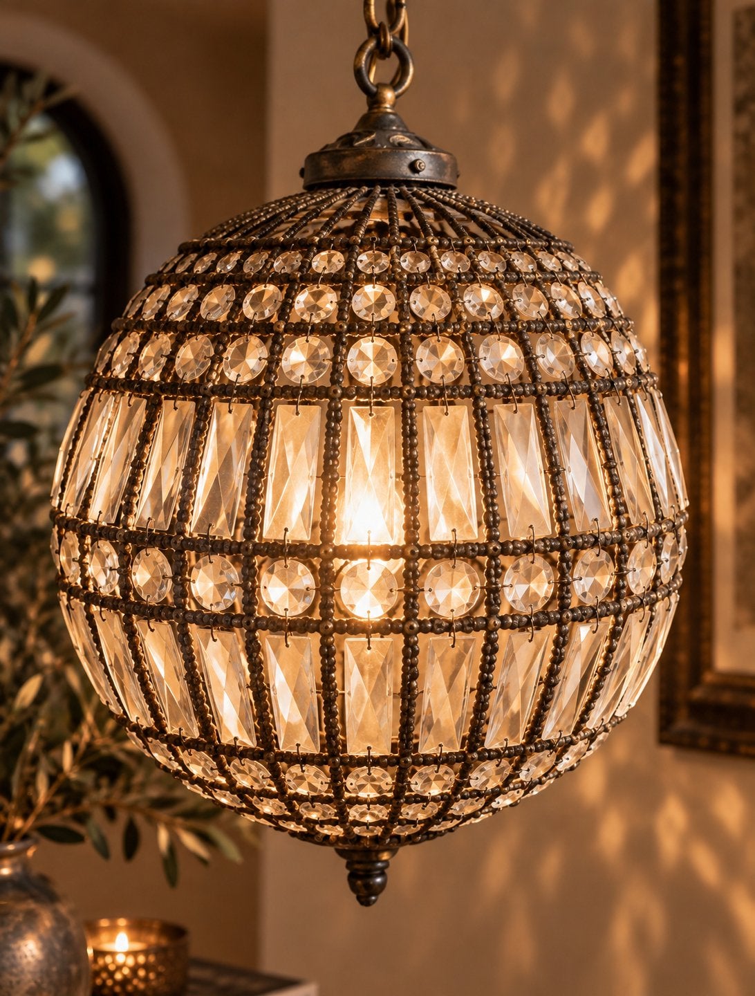 Bolvormige kristallen hanglamp. Kasteel stijl., Ophalen, Gebruikt, Glas, Kasteelstijl