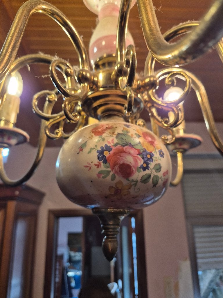 Lustre classique en laiton avec porcelaine florale, Enlèvement, Utilisé, Métal, E14 (petit)