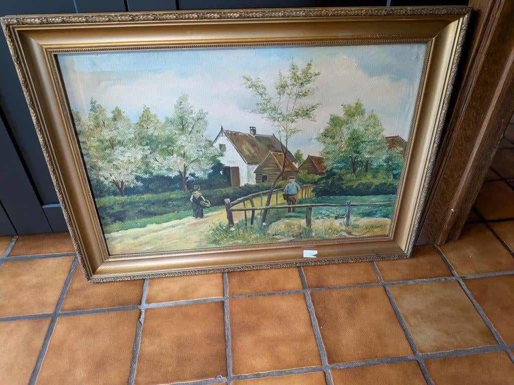 Schilderij J. Hulsens. - Landelijk tafereel op het plattelan, Antiek en Kunst, Kunst | Schilderijen | Klassiek, Ophalen