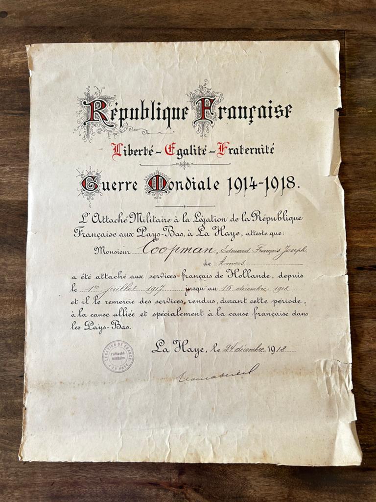 Getuigschrift Franse Republiek WO1, Ophalen of Verzenden, Landmacht, Overige typen