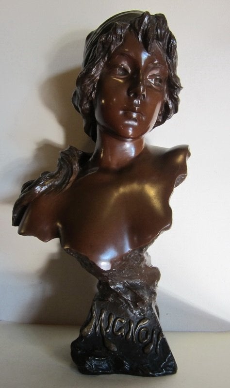Antieke brons: bronzen buste Mignon 58 cm E. Villanis 1896, Ophalen, 50 - 100 cm, Brons, Gemerkt