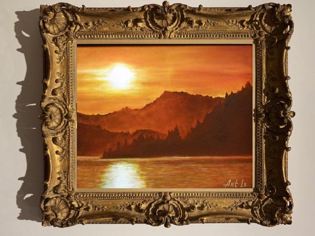 Peinture « Coucher de soleil », Antiquités & Art, Textile, Peinture à l'huile, Paysage, Sur cadre en bois