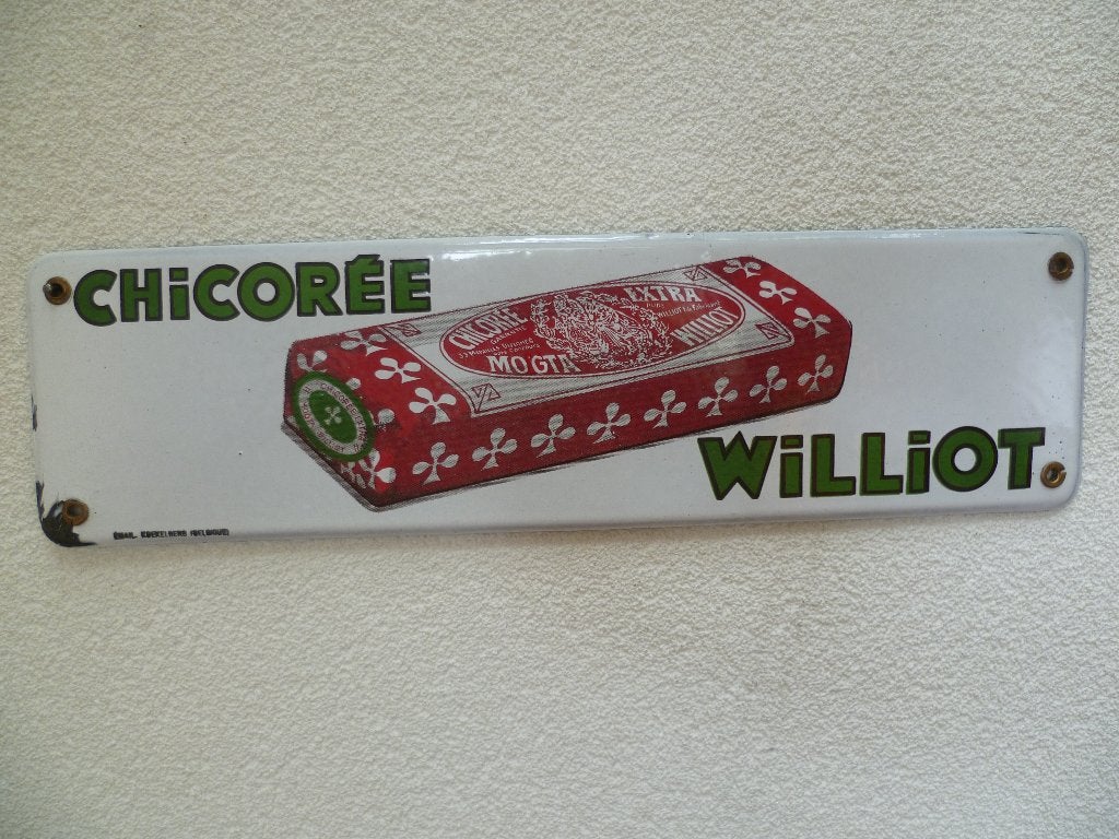 PLAQUE  ÉMAILLE « CHICORÉE WILLIOT » DES ANNÉES 1930, Collections, Enlèvement ou Envoi, Utilisé, Panneau publicitaire