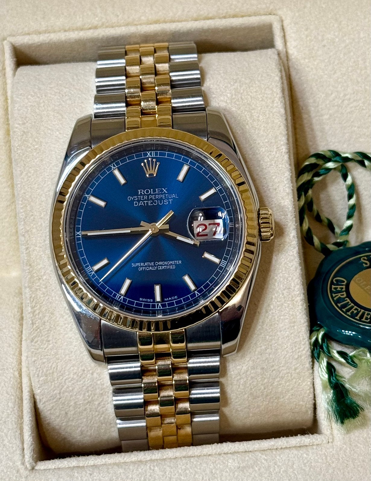 Rolex Datejust 36 —116233 — Cadran de roulette bleu, Bijoux, Sacs & Beauté, Bracelets, Enlèvement ou Envoi, Utilisé, Bleu, Acier