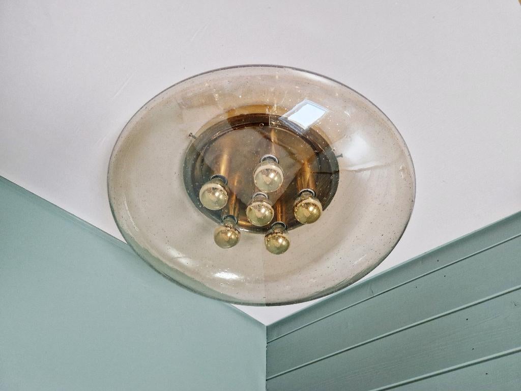Grote plafondlamp in messing en bubbelglas,Glashütte Limburg, Antiek en Kunst, Ophalen of Verzenden