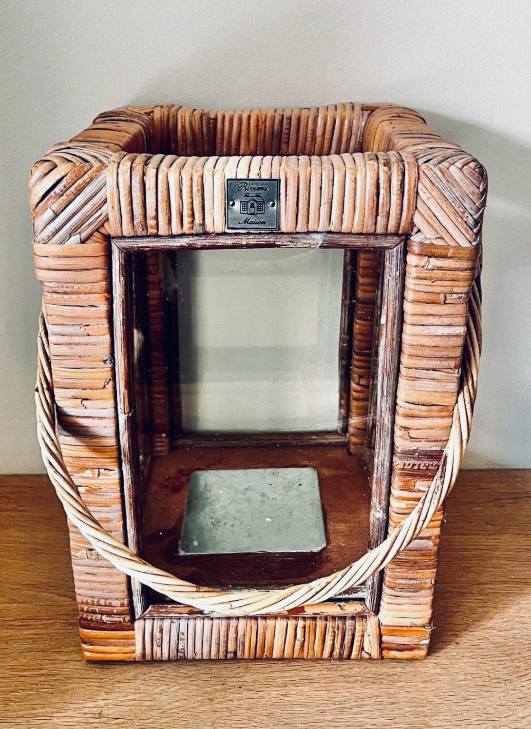 Windlicht lantaarn Rivièra Maison rattan 21,5 x 31 cm, Huis en Inrichting, 31 cm, Windlicht, Gebruikt, Bruin