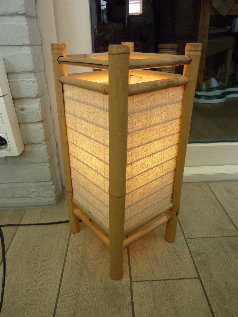 Retro Japanse tafellamp Tarogo in bamboe en linnen jaren 70, Huis en Inrichting, Lampen | Tafellampen, Beige, Overige merken, Vintage