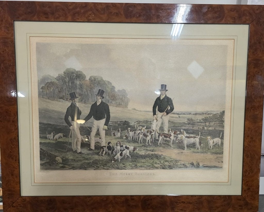 Les Merry Beaglers- grand tableau de chasse anglais, Enlèvement, Dessin, Estampe, Sous verre