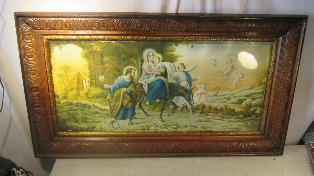 Mooie Antieke Prent - De Heilige Familie - 91x51, Ophalen of Verzenden