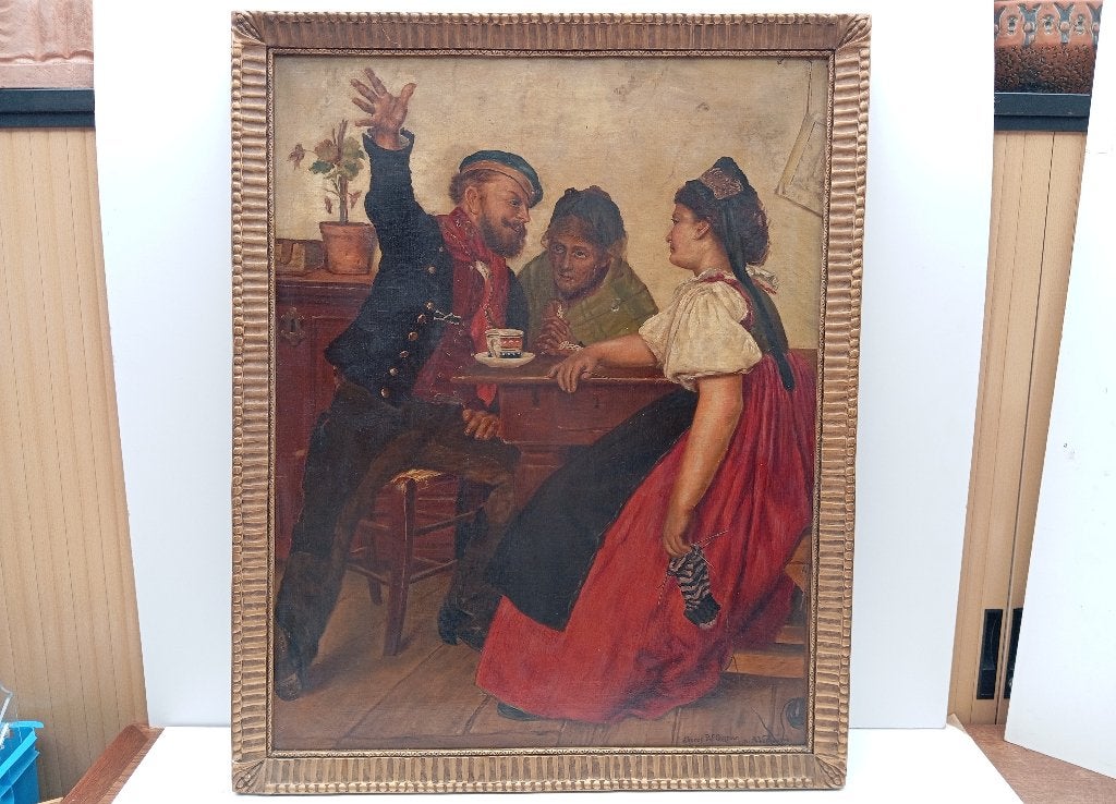 VIEUX TABLEAU UNE JOIE D'APRÈS KARL GUSSOW, Portrait ou Personnes, Enlèvement ou Envoi, Signé, Peinture à l'huile