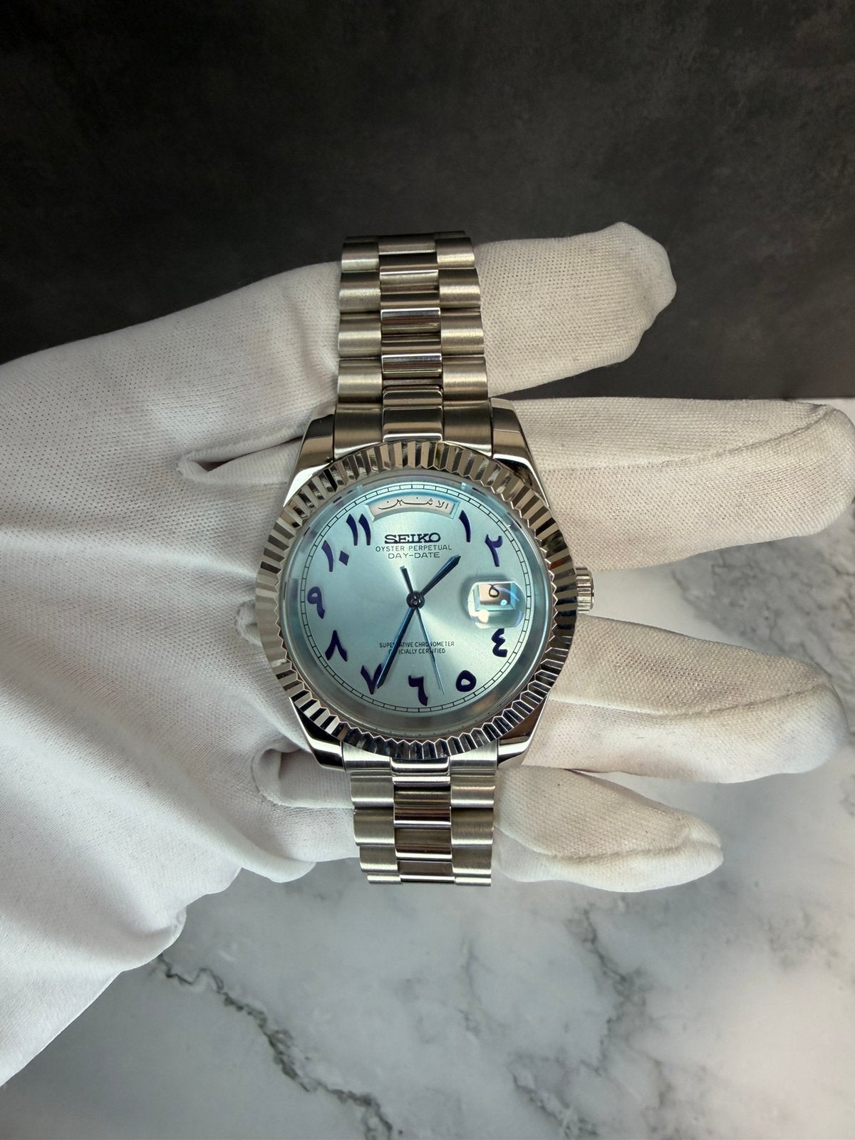 Seiko Mod Automatic - Cadran arabe bleu glacé, Seiko, Enlèvement ou Envoi, Acier, Acier