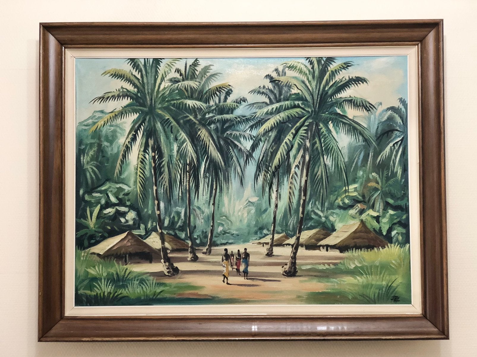 Peinture sur toile " village afiricain", signé, 74 x 94 cm, Peinture à l'huile, Paysage, Enlèvement, Encadré
