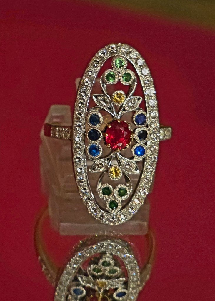Exclusieve ring met spinel, saffieren, tsavorieten,diam, Bijoux, Sacs & Beauté, Bagues, Enlèvement ou Envoi, Autres couleurs, Comme neuf