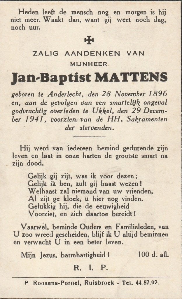Oorlog 1940-45 Jan Baptist Mattens 1896-1941, Enlèvement ou Envoi