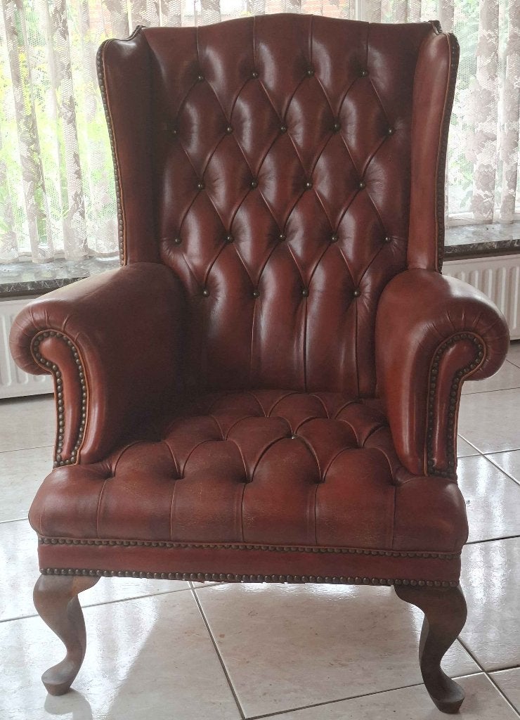 Vintage Chesterfield Wingback Oorfauteuil, Huis en Inrichting, Ophalen, Gebruikt, Hout